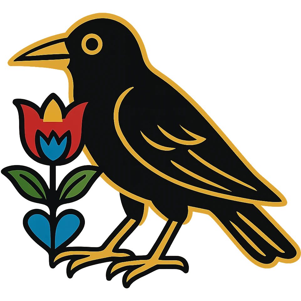 Create a simple Scandinavian folk art style black crow with a gold outline around the crow. The crow is holding a large bright folk-colored tulip flower motif in its talons. The tulip motif is outlined in black and matches the style and colors of the heart reference images provided. The overall design should be simple, bold, and clear, matching the heart's illustrative style. Use a transparent background. emoji