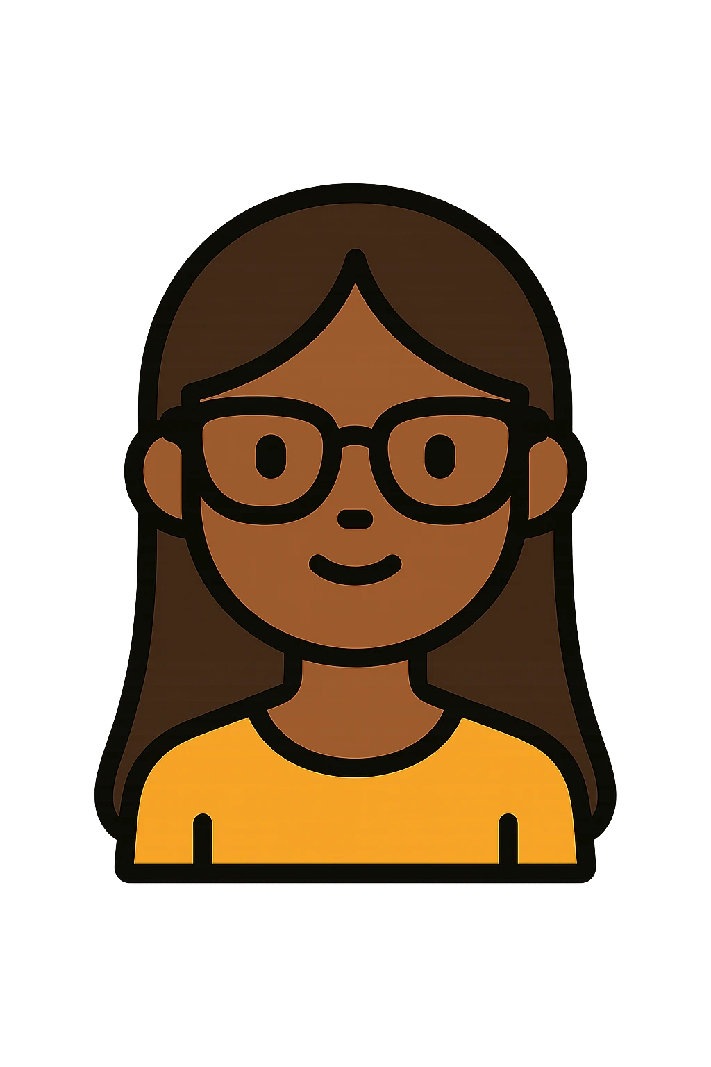 young brown girl with long dark brown hair, dark brown eyes, wearing black squared cat eye glasses emoji