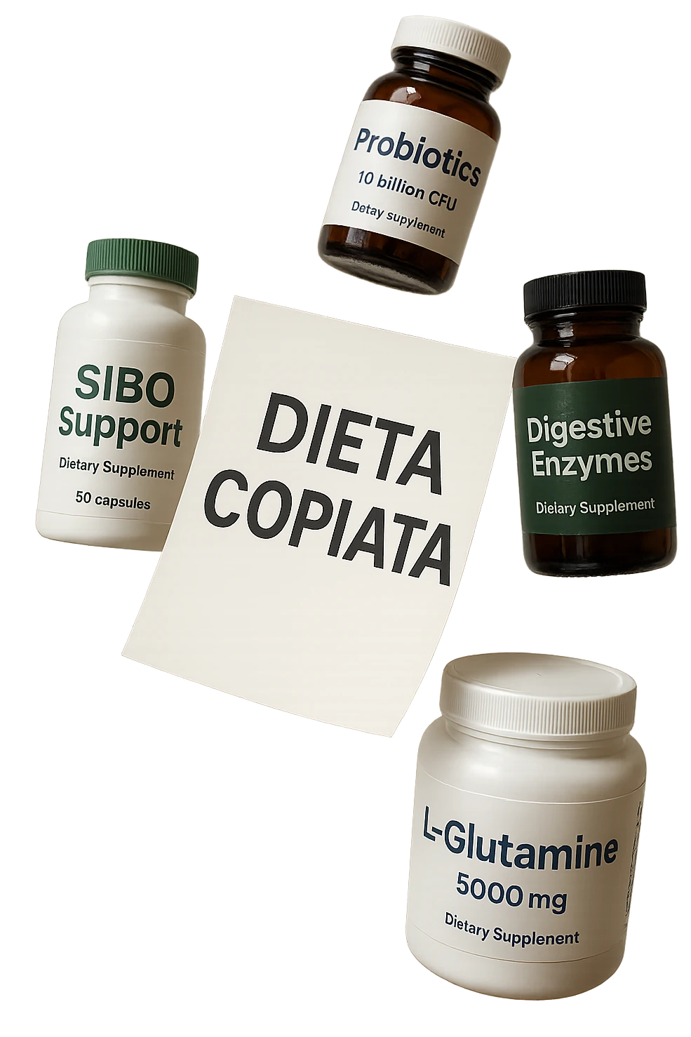 FOGLIO DI CARTA FLUTTUA IN ARIA CON LA SCRITTA "DIETA COPIATA", INSIEME A BARATTOLI DI INTEGRATORI PER CURARE IL SIBO IN ITALIANO, IPERREALISTICO 4K, NON DISEGNATO emoji