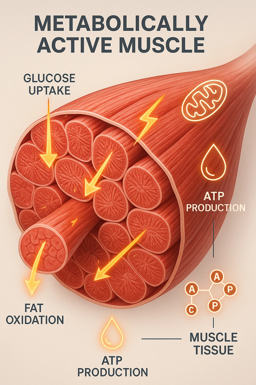 a highly detailed cross-section of human skeletal muscle fibers, shown in vibrant red and pink tones, with visible striations and realistic texture. Glowing arrows and animated icons represent active metabolic processes—such as glucose uptake, fat oxidation, and ATP production—occurring within the muscle tissue. Surrounding the muscle, floating symbols for mitochondria and energy highlight its metabolic activity. The background is clean and clinical, with subtle labels and infographics explaining that muscle is a metabolically active tissue. The overall style is modern, scientific, and visually engaging, suitable for educational or medical use. emoji