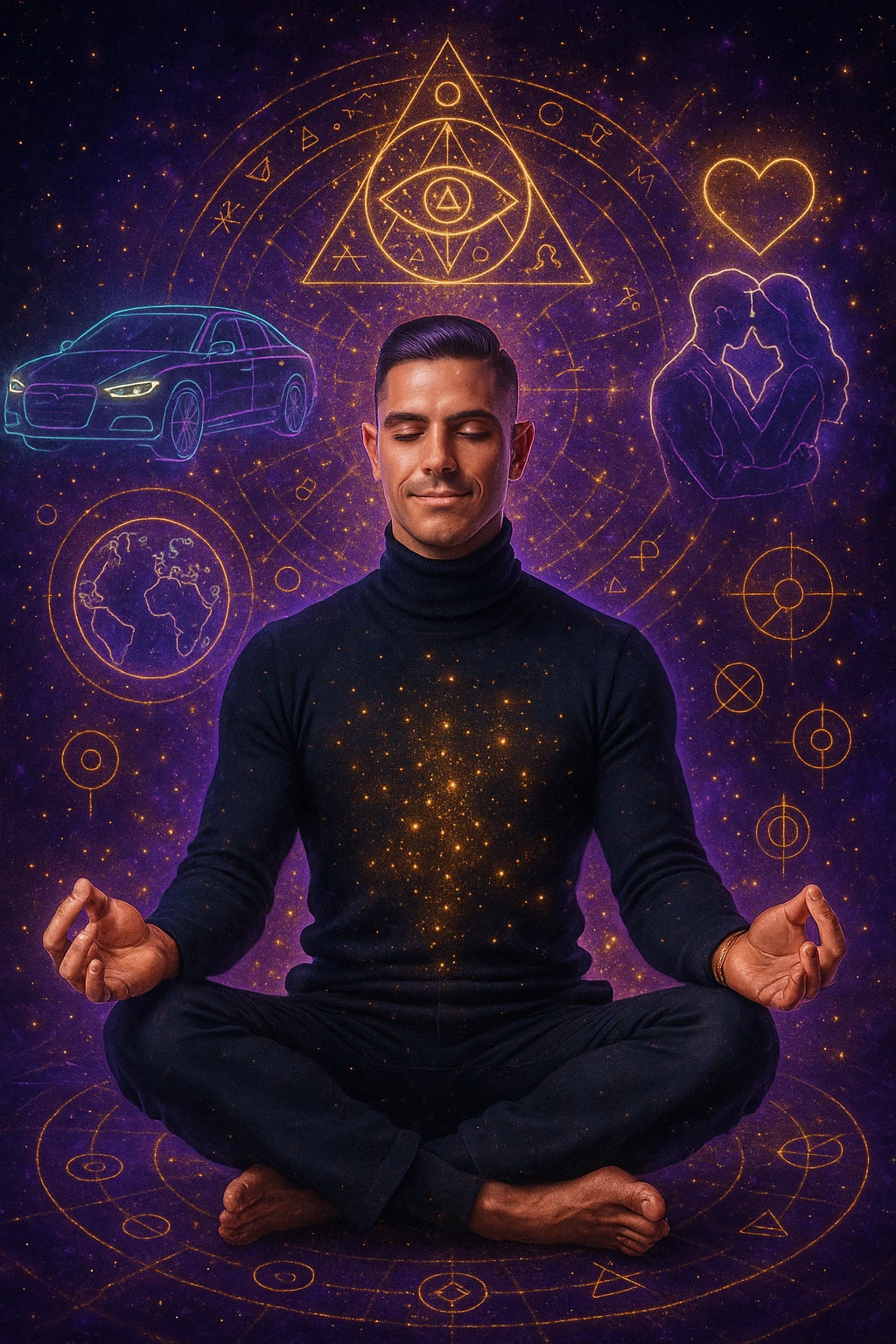 "Un uomo in meditazione fluttuante nello spazio cosmico, circondato da particelle dorate e simboli alchemici. Intorno a lui, oggetti e situazioni dei suoi desideri (auto, viaggi, amore) si materializzano come ologrammi luminosi. Stile cyber-mistico, colori viola e oro." emoji
