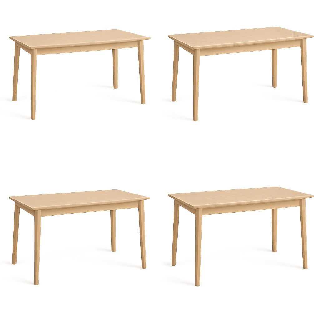 Create multiple variations of a rectangle wooden table with light wood and smooth finish, no background, focusing on sleek and polished surface. emoji