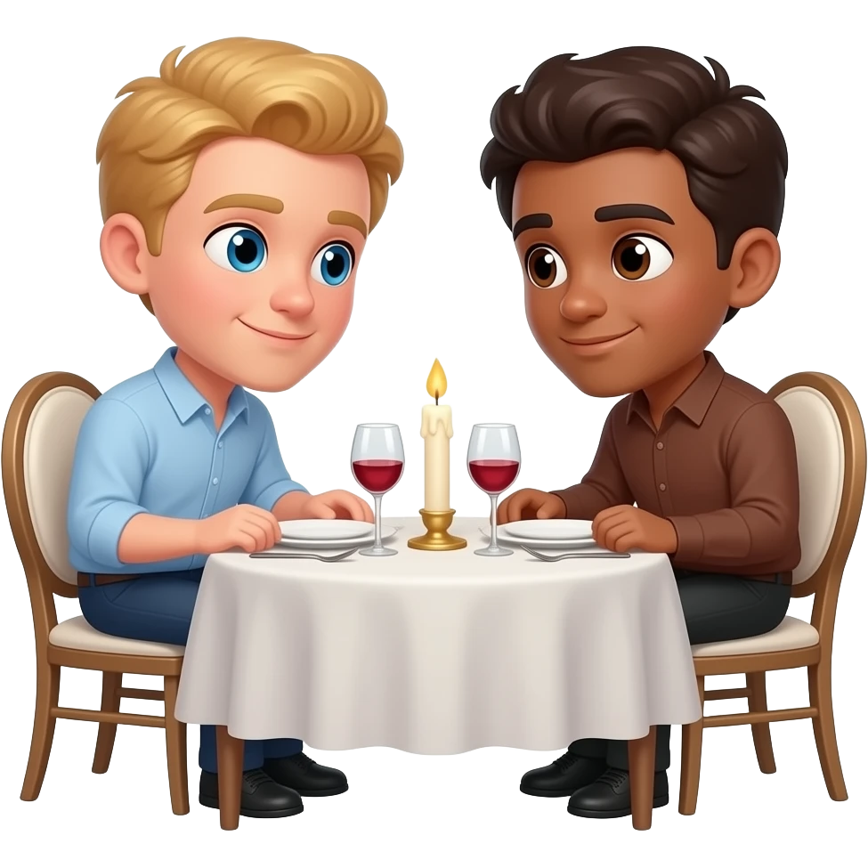 Make a gay couple on a Date , one has light Skin with Blond Hair and Blue Eyes, the other one has slightly brown skin witz dark Brown Hair and Brown Eyes. They are sitting on a romantic Table eating Dinner with a Candle between Them. The look a each other. emoji