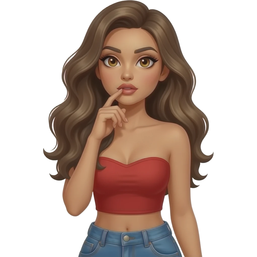 Fingers on lips and thinking looking up woman with tan glowy skin, hazel eyes almond with long lashes,, full lips, dark blonde flowing hair, delicate feminine sexy features, wearing a red crop top NO STRAPS and blue jeans, confident and femenine and glam makeup. Intense seductive look. REALISTIC emoji
