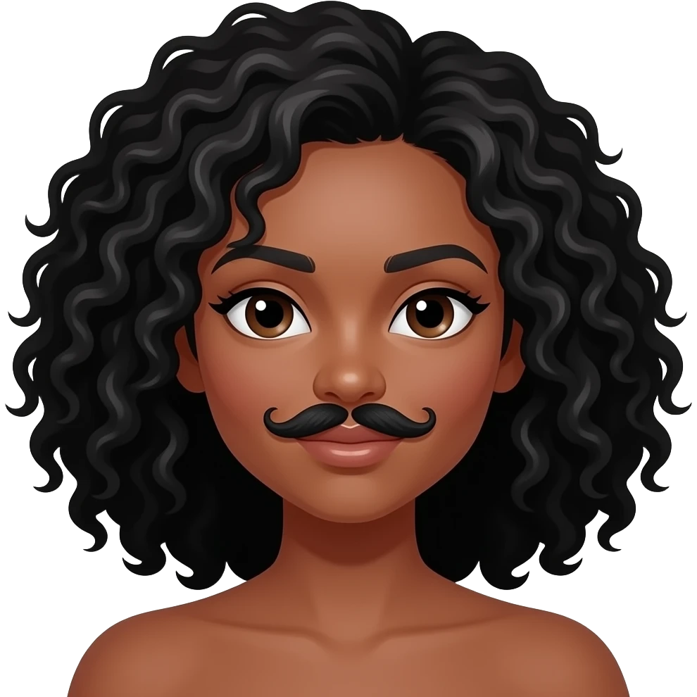 Medium dark skinned woman with black curly shoulder-length hair and a moustache of lotion emoji