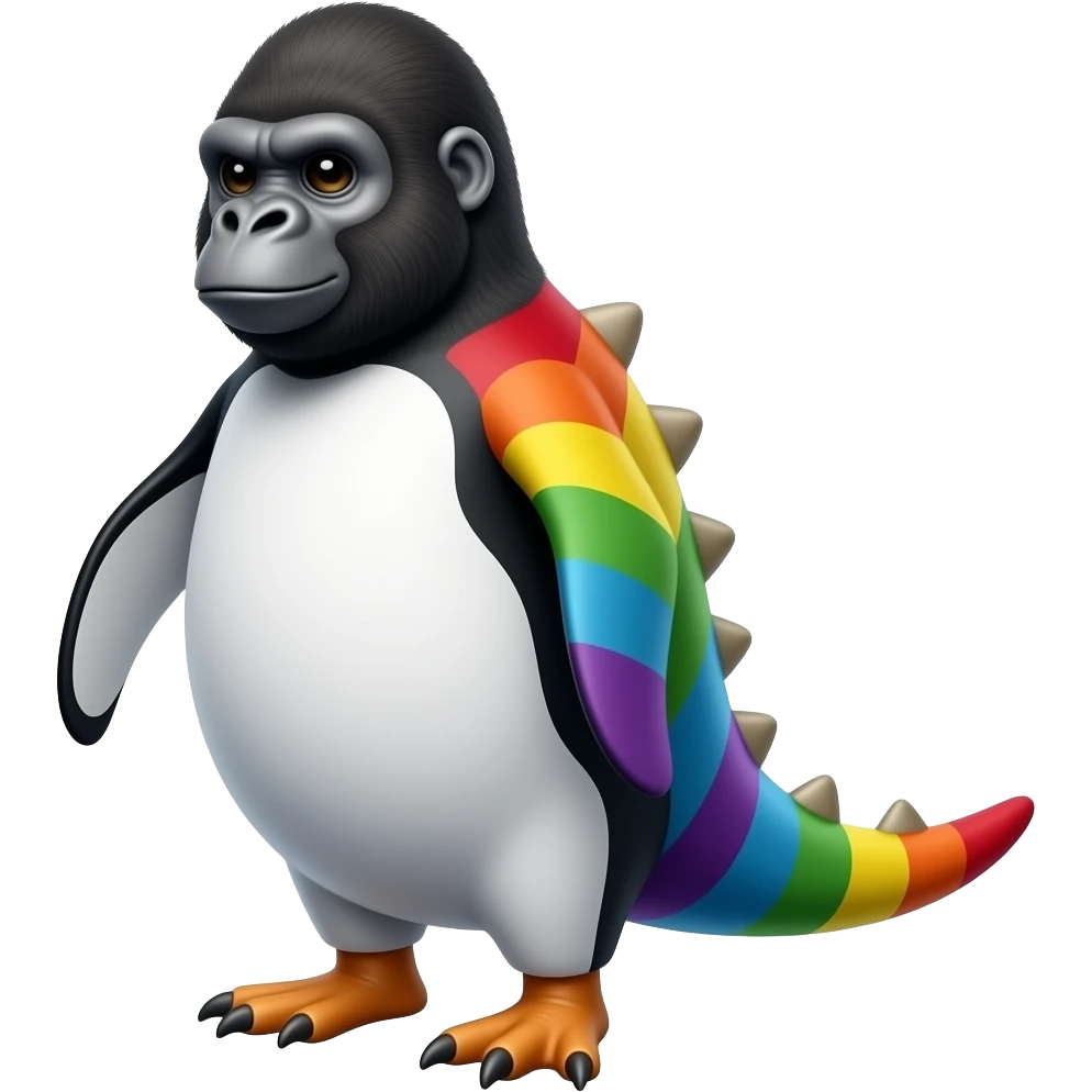 Rainbow penguin wearing a Gorila mask with horse legs with a dinosaur tail emoji