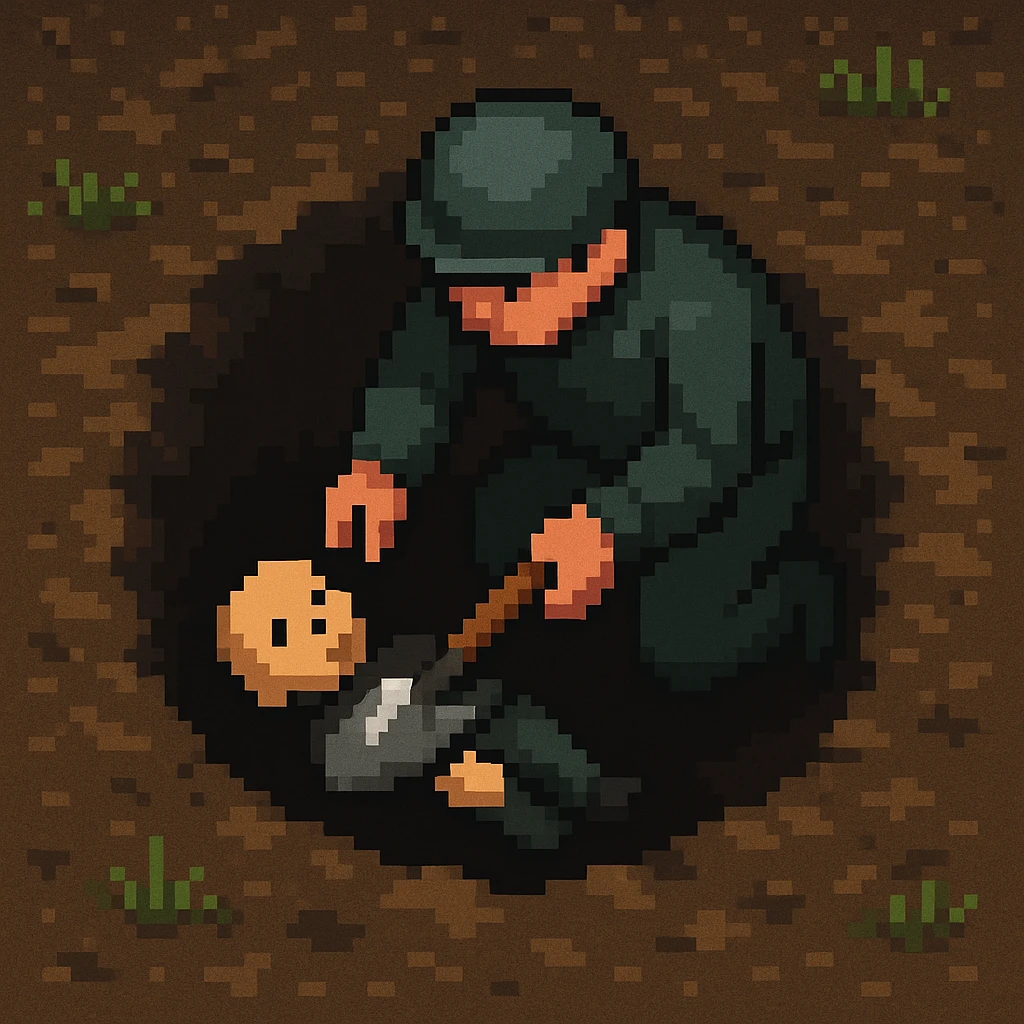 A man placing a body in a hole with a shovel, pixel art style emoji