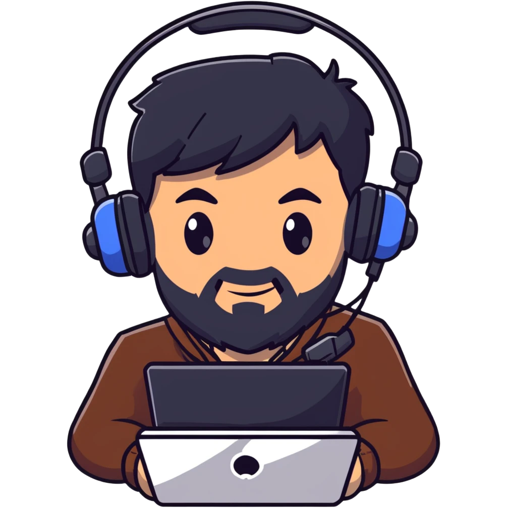 Serious male gamer with black hair, brown eyes, black beard, gaming headset emoji