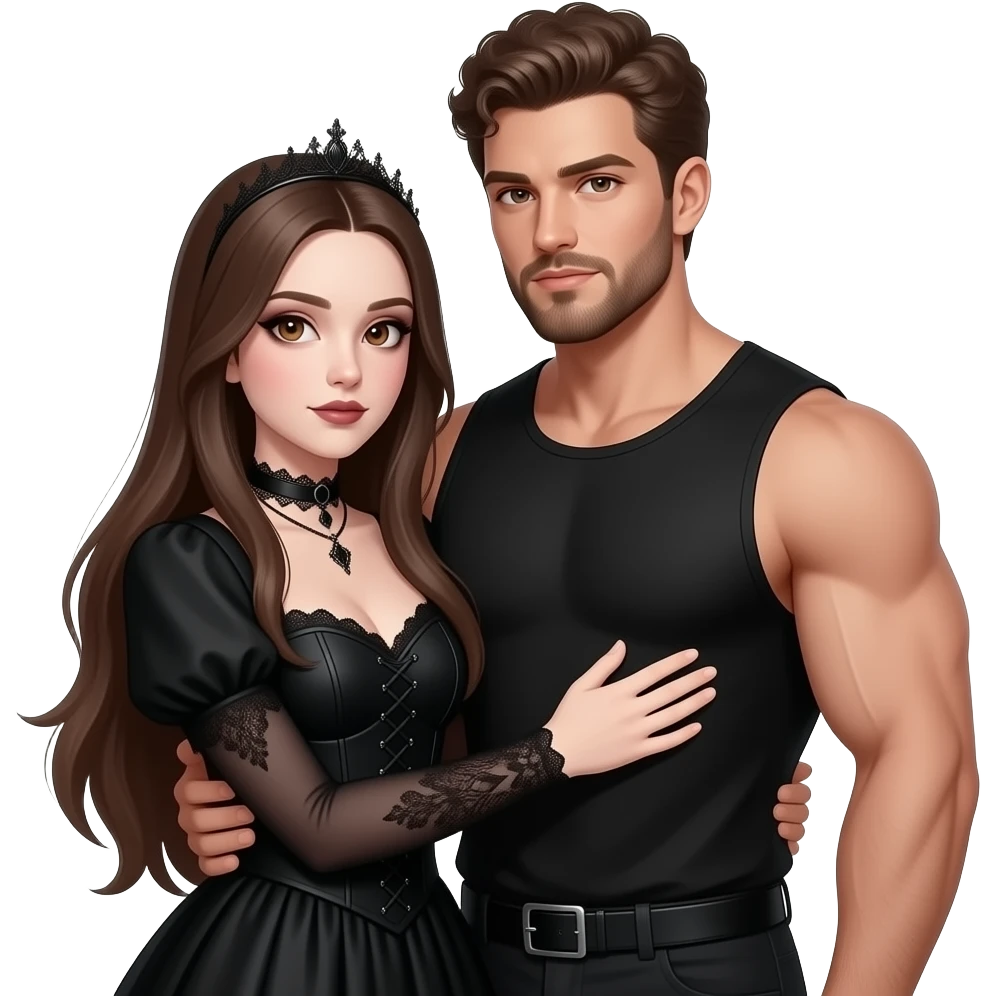 realistic pretty pale skin long straight brown hair girl brown eyes long face wearing gothic dress and gothic makeup HD and her muscular man short brown curly hair and beard hugging emoji
