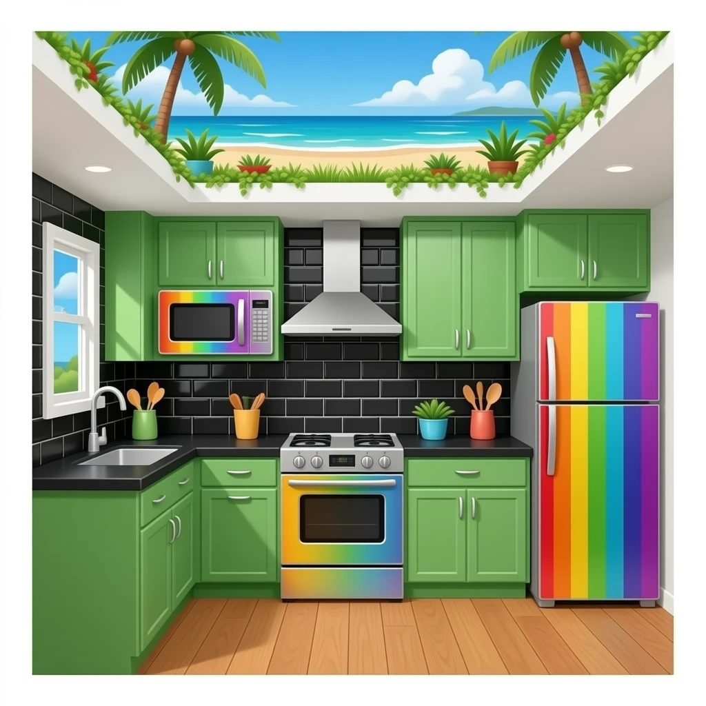 fancy kitchen with black wall tiles, grass green cabinets, rainbow metal microwave, stove and fridge, no range, black countertops, wood floors, grass and decorative plants on the ceiling, on the beach emoji