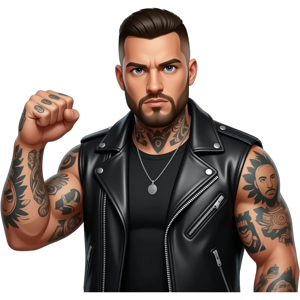 A tough, gang-member type—muscular and tattooed—clenching his fist. emoji