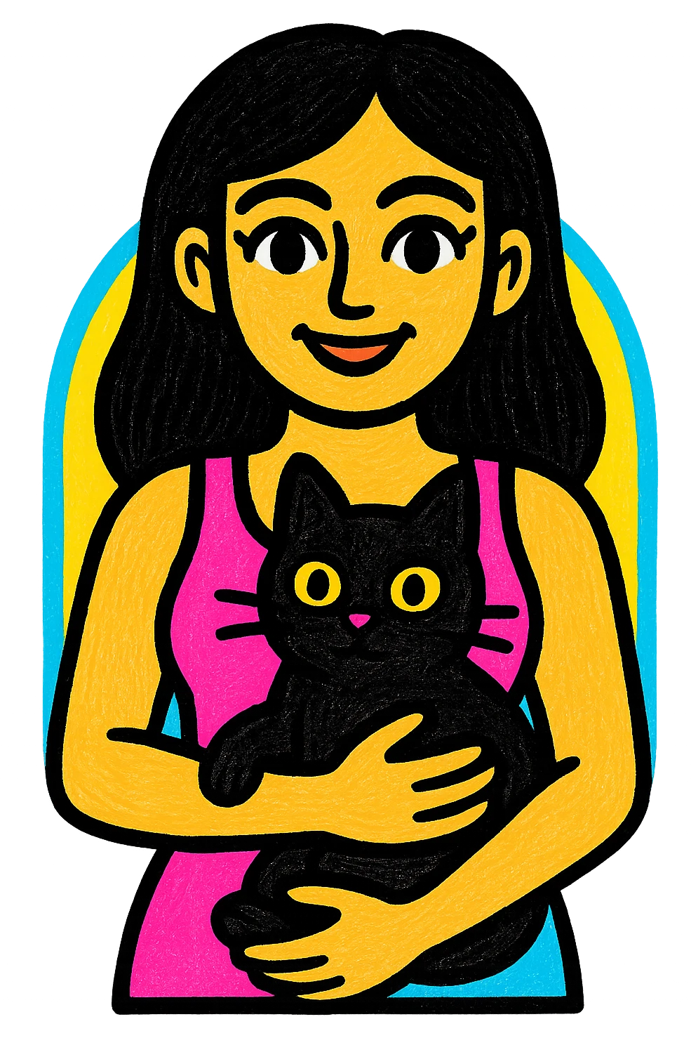 pretty woman with black hair and brown eyes, wearing a pink tank top, holding a black cat, vibrant and colorful style emoji