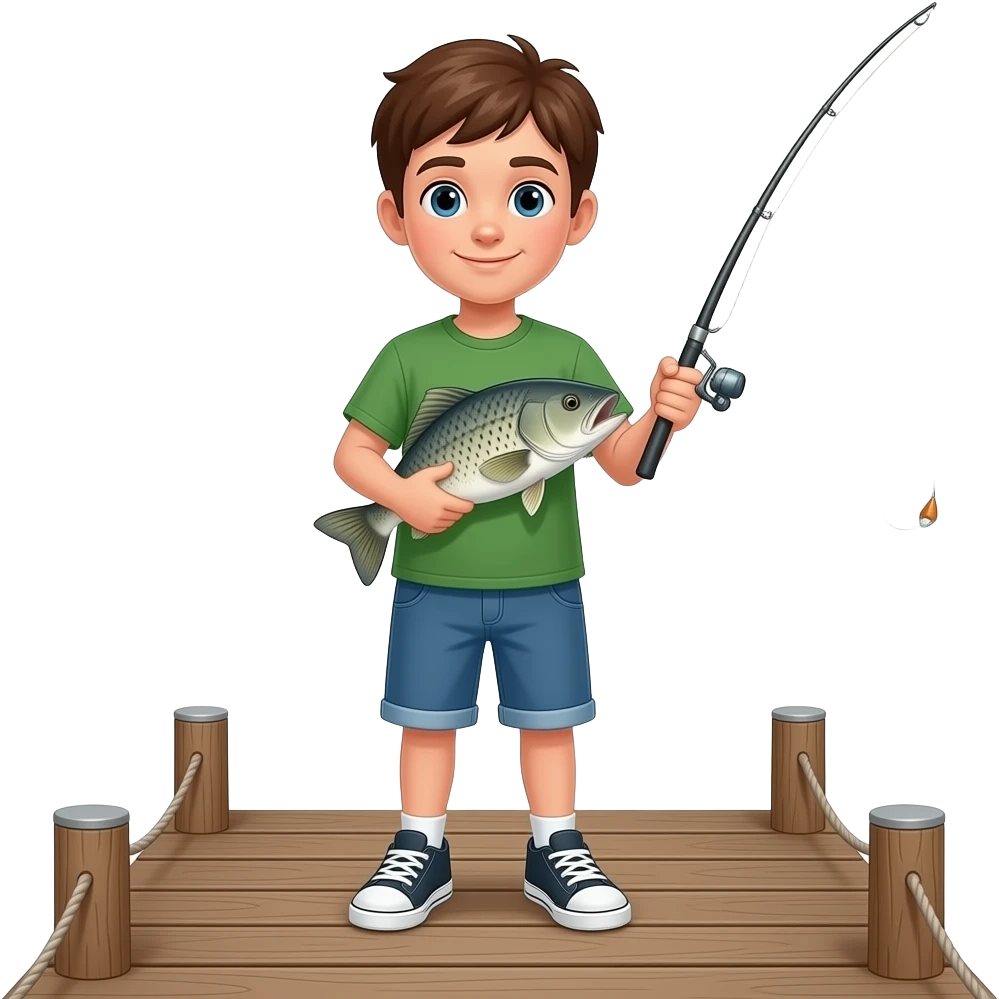 a tennager holding a  fish on a fishing dock emoji