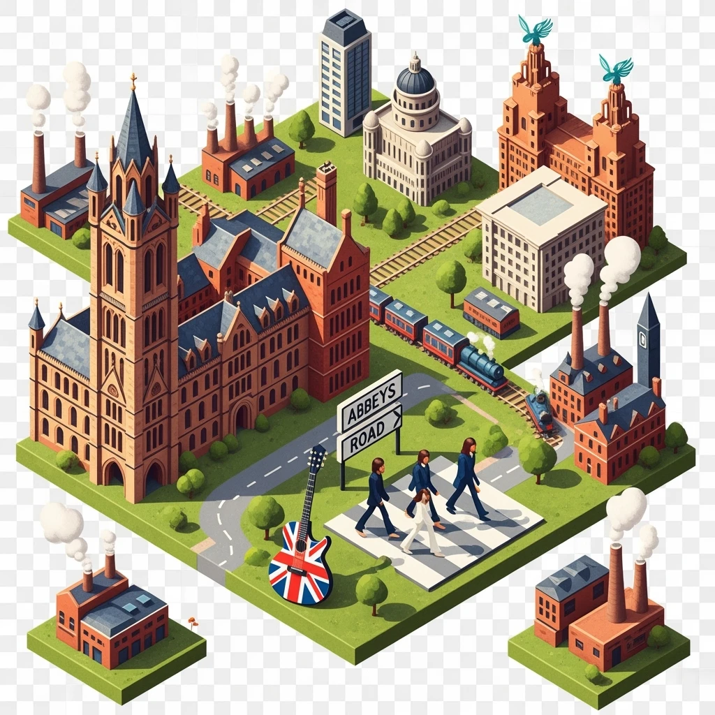 Isometric illustration of Manchester and Liverpool combined, Beatles references (Abbey Road sign), Manchester Town Hall, a Union Jack guitar and brick building in a miniature, toy-style factories, balanced between stylized painting and realistic,  transparent background emoji