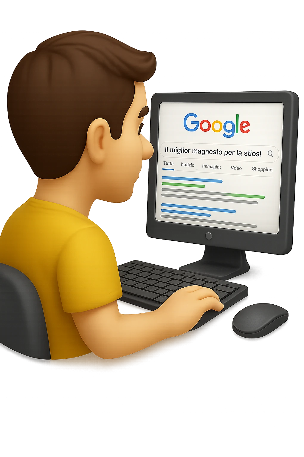 emoji stile iphone di un uomo davanti al pc che cerca di google: "Il miglior magnesio per la stipsi", iperrealistico 4k emoji