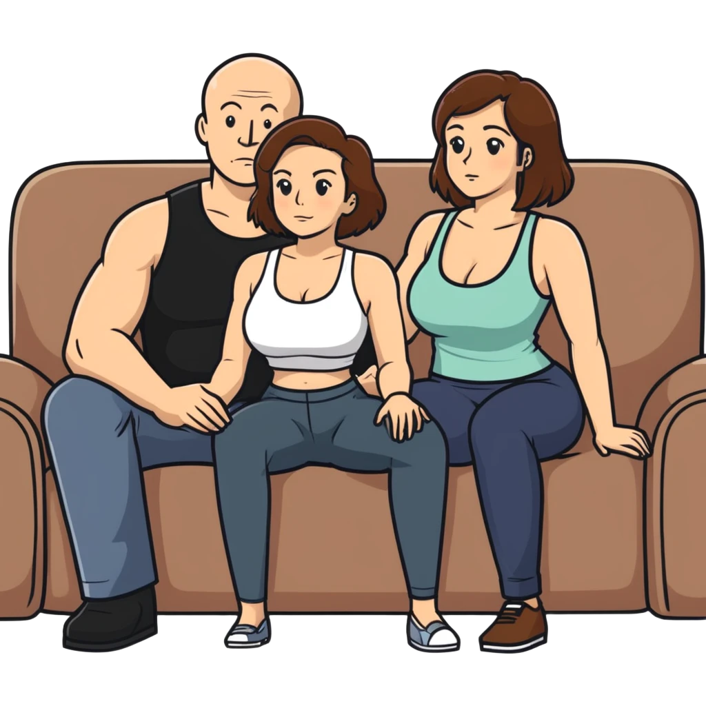 One Caucasian woman with brown hair big boobs wearing pants and a tank top, kneeling on a couch next to a sitting bald man. emoji