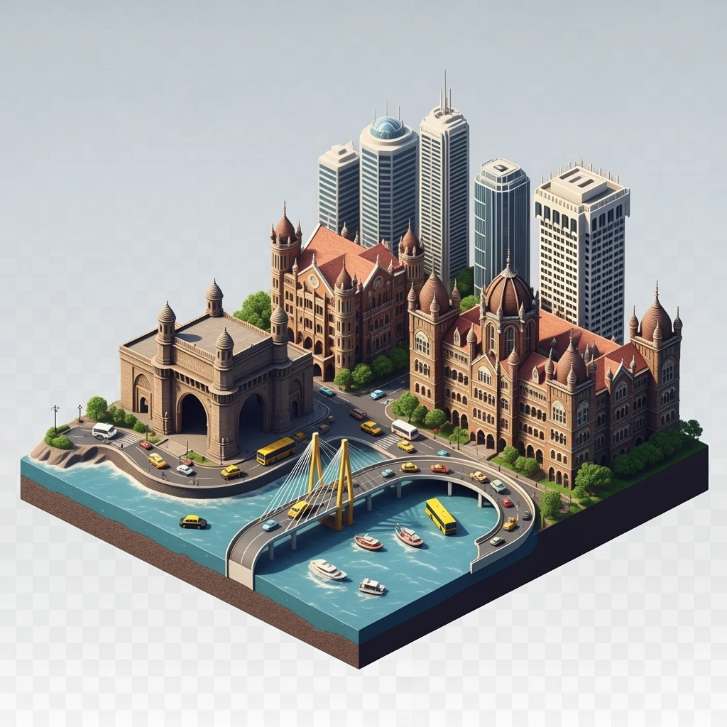 Isometric miniature of Mumbai city, featuring iconic landmarks like Gateway of India, Bandra-Worli Sea Link, Chhatrapati Shivaji Terminus, and skyscrapers, 3D miniature effect and Tilt Shift effect, no cartoonish look, transparent background. emoji