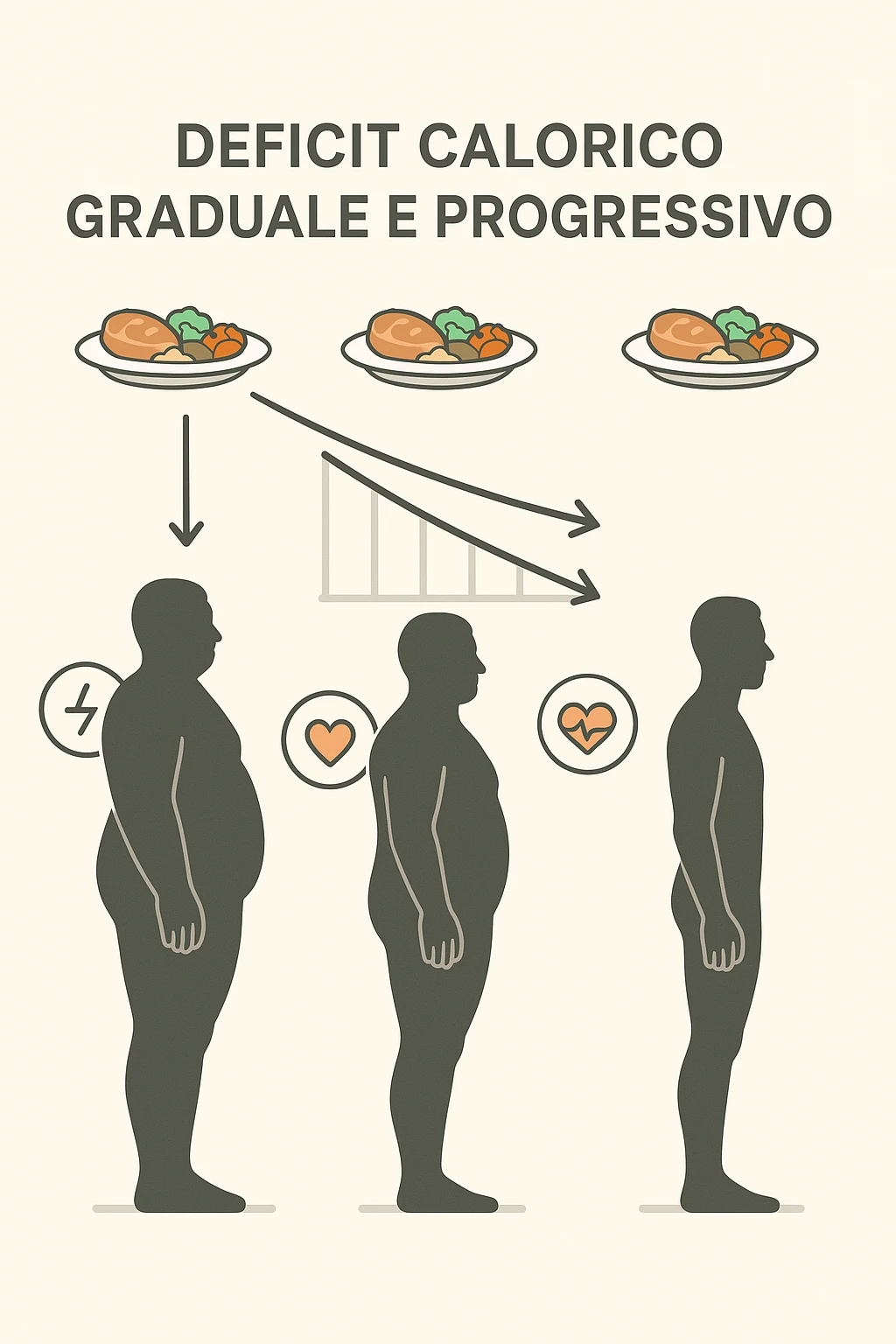 una sequenza di tre sagome umane affiancate, ognuna rappresenta una fase diversa di perdita di peso graduale. Sopra ogni figura, un piatto mostra porzioni di cibo bilanciate ma leggermente ridotte. Frecce e grafici illustrano una diminuzione lenta e costante dell’apporto calorico giornaliero, con icone che rappresentano energia, salute e mantenimento della massa muscolare. Sfondo pulito e moderno, con etichette chiare che spiegano “deficit calorico graduale e progressivo” emoji