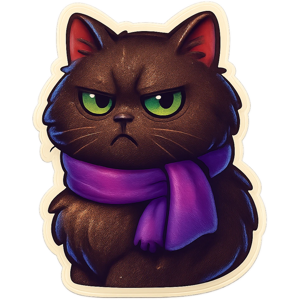 Fluffy grumpy cute dark-brown cat with green eyes and a purple scarf emoji