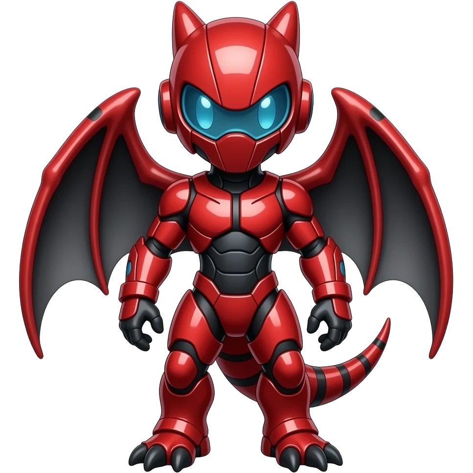 a shiny red Genesect-Flygon-Raptor-Fakémon—hybrid with a futuristic visor-helmet full body emoji