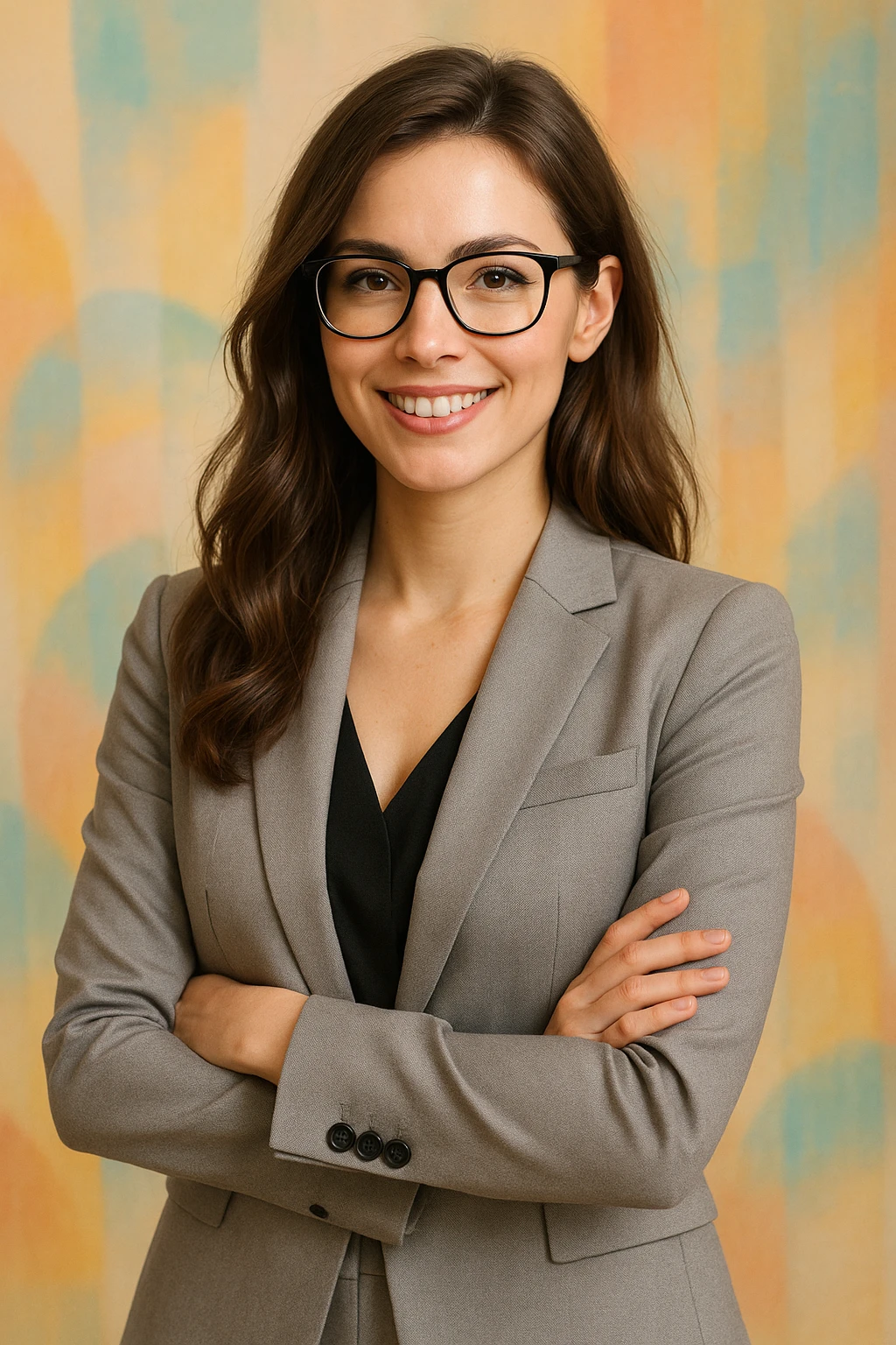 a pretty girl with glasses, wearing a suit, smiling, modern style emoji