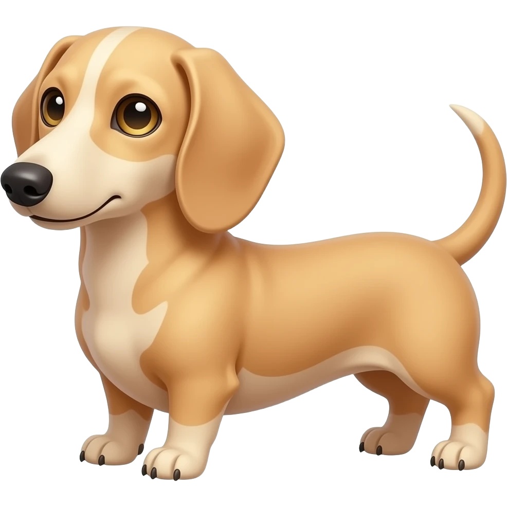 A petite and thin dachshund, with a narrow muzzle, pink colored nostrils/nose, and a creamy blonde colored coat, with gold colored eyes emoji