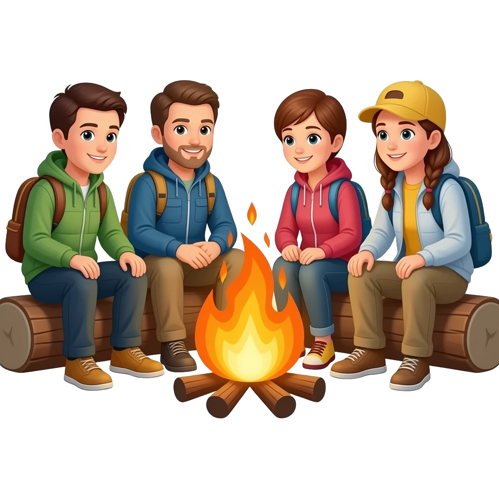 race men and women sitting around a campfire wearing camping clothing no visible backpacks emoji