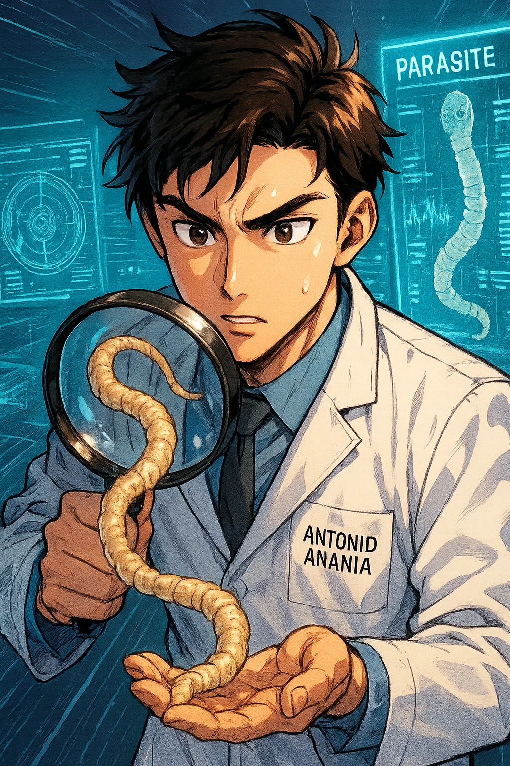 A dynamic manga/webtoon-style illustration of a young male kinesiologist wearing a clean white lab coat, analyzing light beige worms like a tapeworm under a magnifying glass. His expression is focused and slightly intrigued, with sharp, detailed eyes. The art style is vibrant, with bold linework, rich colors, and dramatic lighting. The background is a futuristic laboratory with glowing holographic screens displaying parasite data. The tapeworm is intricately drawn, slimy and segmented, with a slightly exaggerated yet realistic texture. The composition is dynamic, with motion lines or energy effects to emphasize his scientific investigation. The atmosphere is intense but not dark, keeping a balance between scientific seriousness and stylish manga aesthetics, he has "ANTONIO ANANIA" WRITTEN ON WHITE LAB COAT emoji