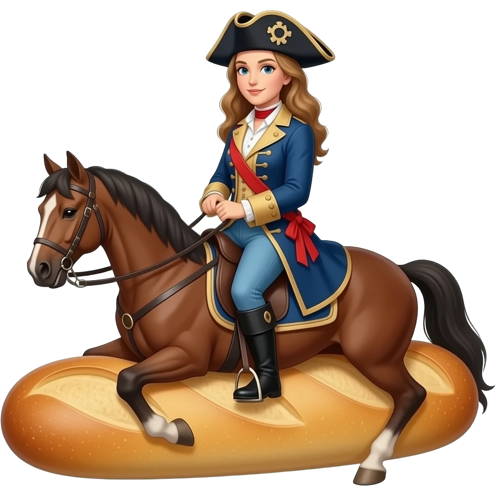 wild historical French Mariana in a tight corset with a large open neckline, with a rebel Jacobin cap riding a narrow French bread emoji