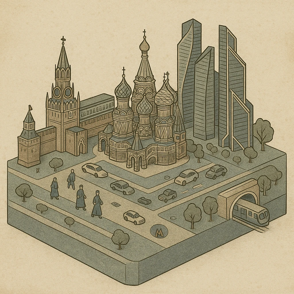 Изометричная миниатюрная 3D модель Москвы на подставке - фотореалистичный Кремль, собор Василия Блаженного, фотореалистичный Башни Москва-Сити, аккуратная детализация, яркие цвета, мультяшный реализм, гуляют люди и современный автотранспорт и метро, компактная композиция, вид сверху в изометрии emoji