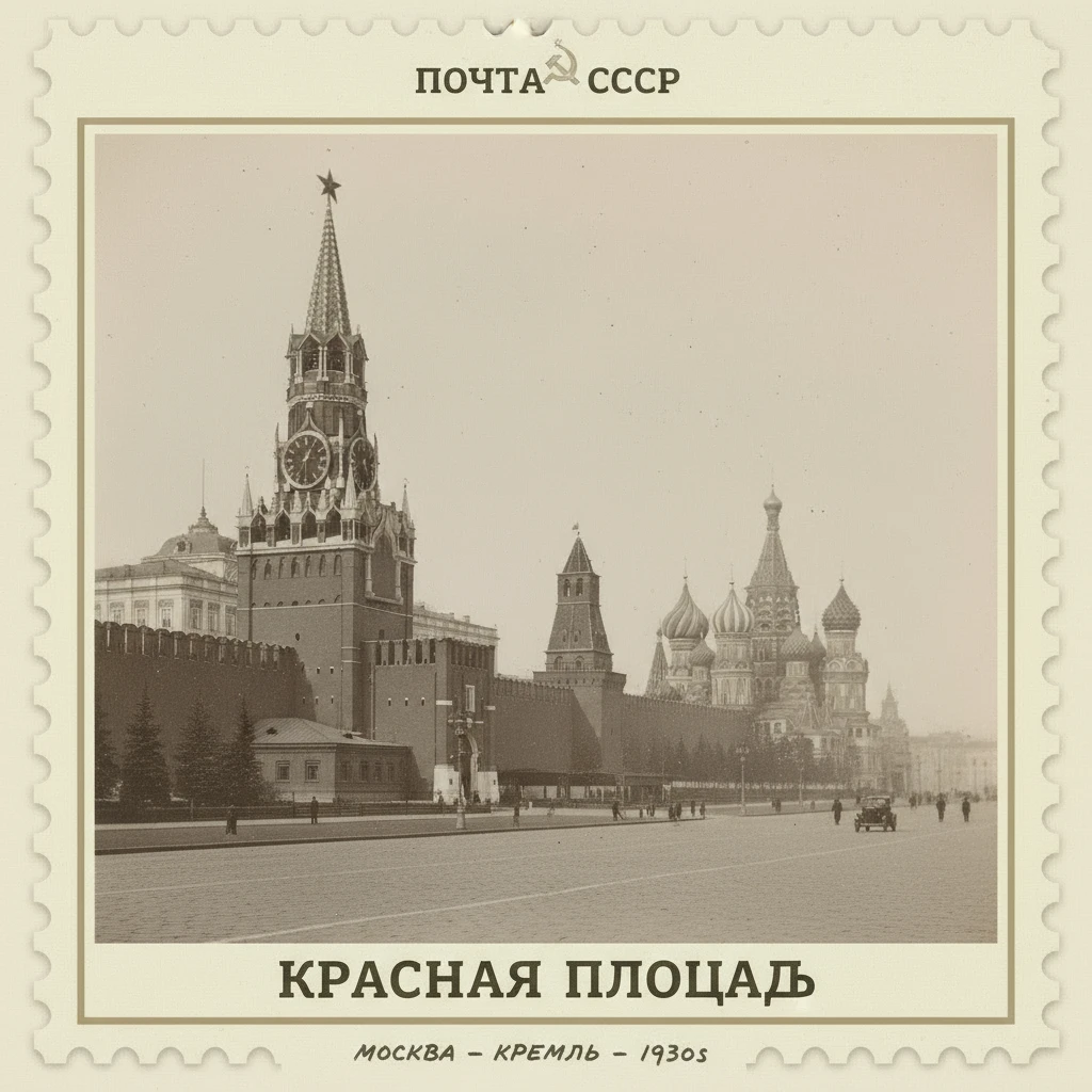 Марка на которой изображен Красная площадь с Кремлем. Кремль на переднем плане крупно

Стиль марки такой же, как на прикрепленном фото emoji