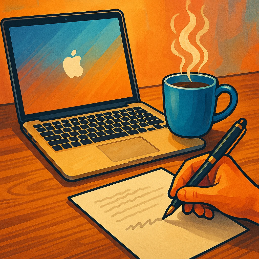 A MacBook, a steaming coffee mug, and a pen writing on paper, arranged on a wooden desk, vibrant and inviting style. emoji