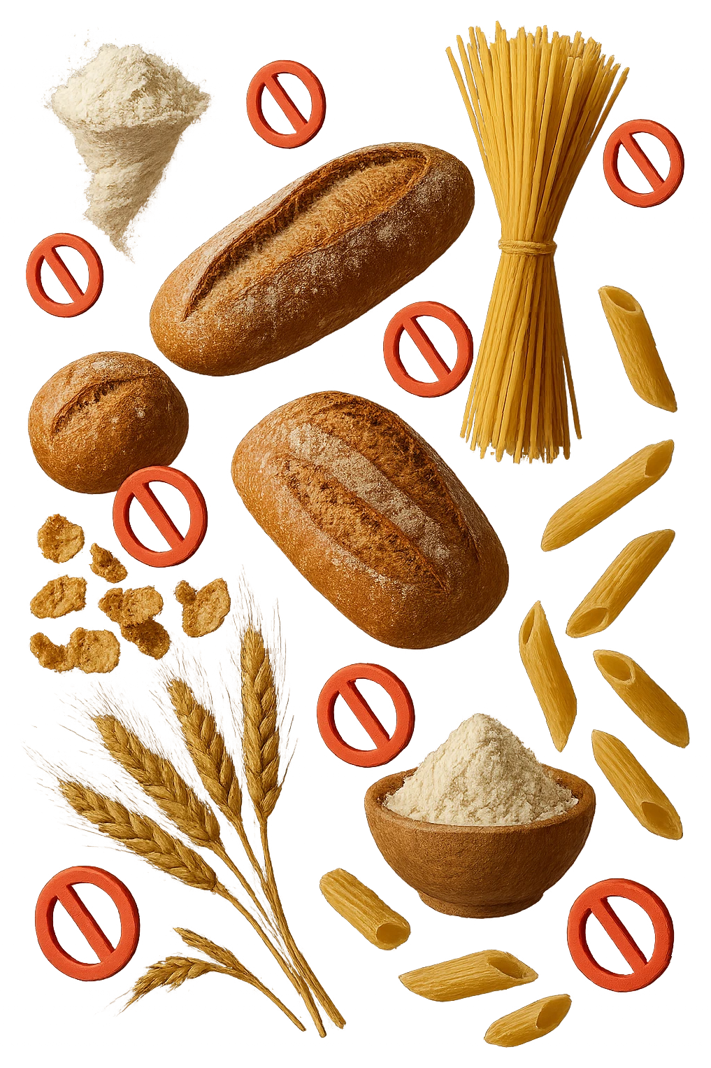 cereali, pane, pasta e farine realistici fluttuano in aria con piccoli divieti 3d, IPERREALISTICO 4K emoji
