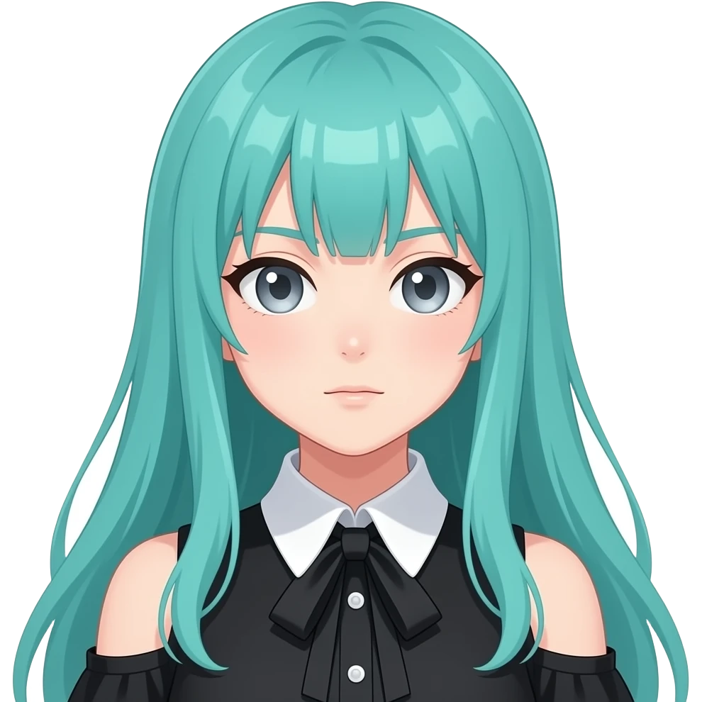 anime girl, mean face, long flowing teal hair, grey eyes, black shoulder cyberpunk blouse with fancy white collar emoji