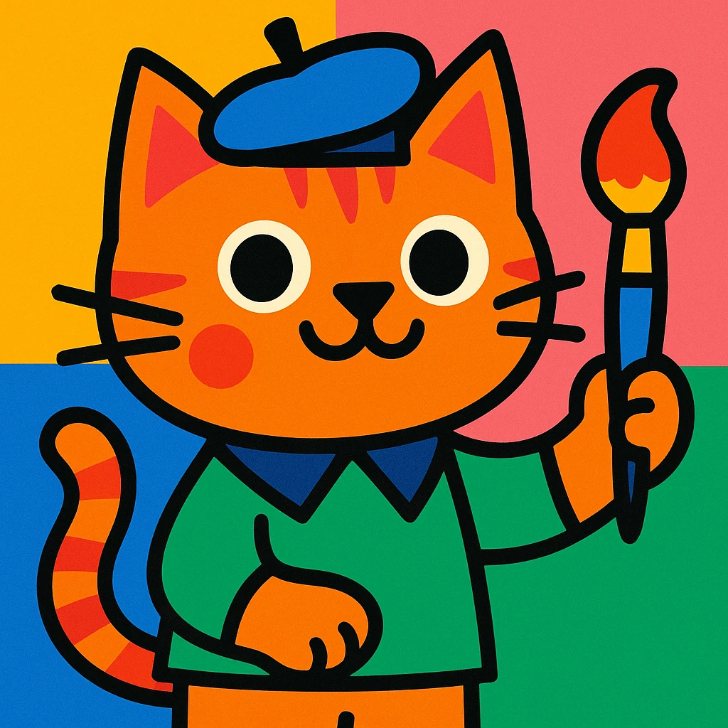 cat in a painter's beret holding a paintbrush, vibrant cartoon style emoji