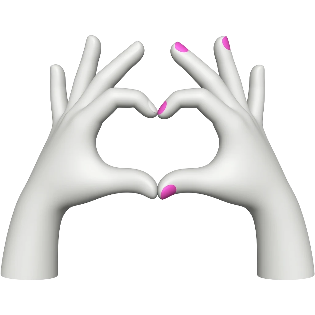 Both hands—one white with pink nail polish, the other white—are forming a heart shape emoji