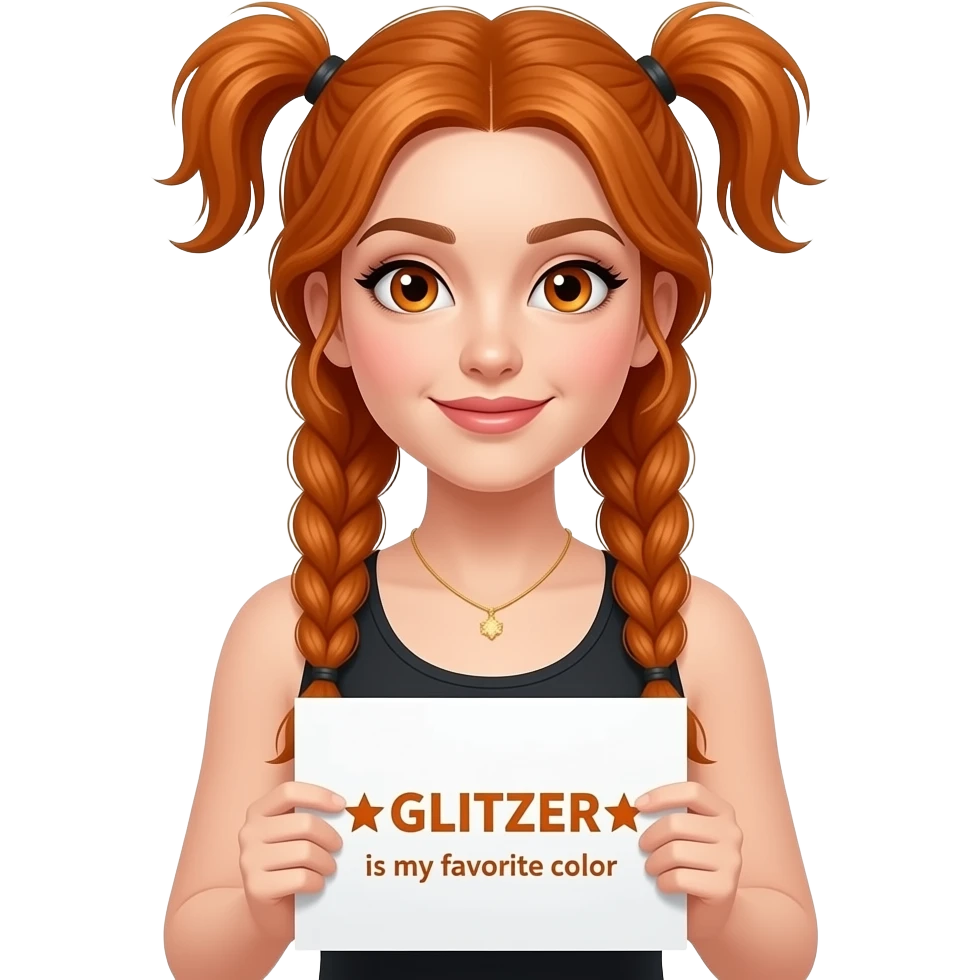sexy girl with long ginger braids and ginger eyes wearing a black tanktop and is holding a white sign with ☆GLITZER☆ ist meine LIEBLINGSFARBE written on it emoji