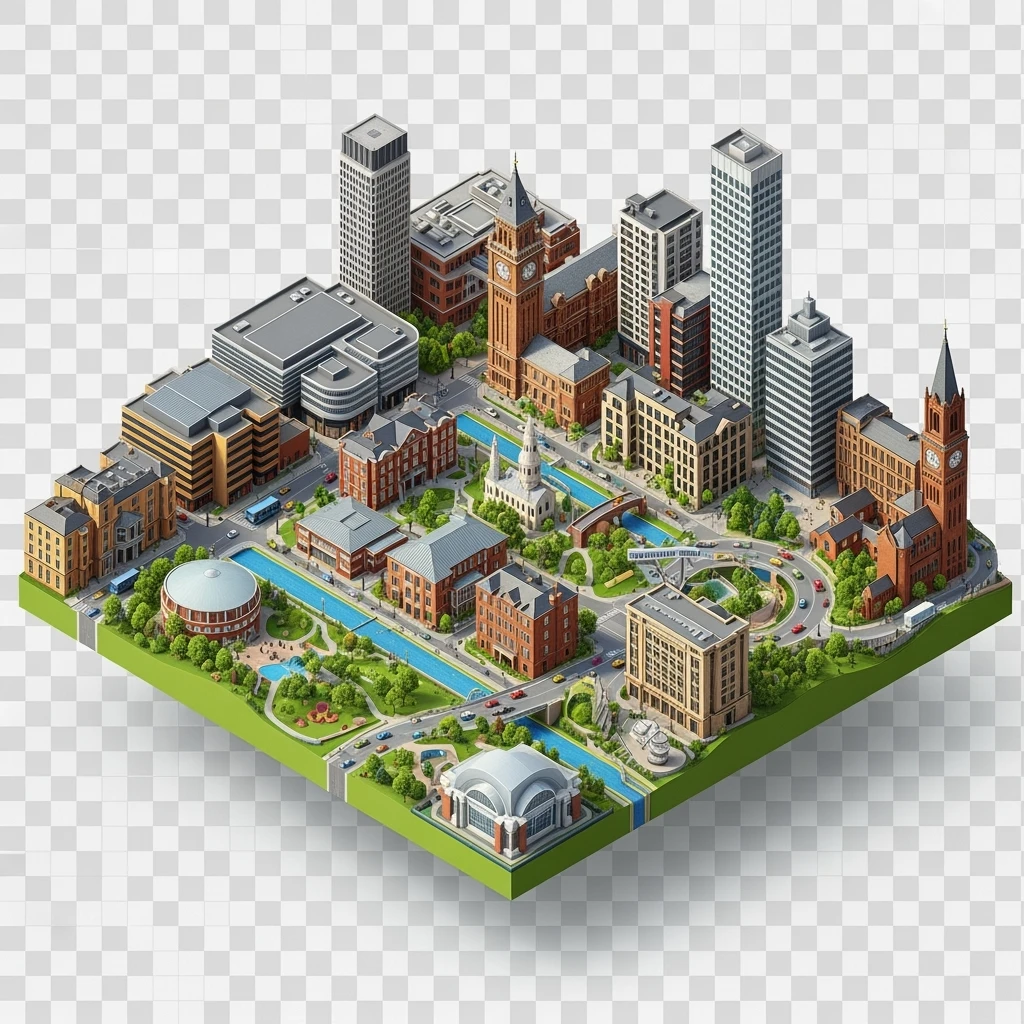 Isometric illustration of Birmingham highly detailed in semi-realistic, 3D miniature effect, transparent background. emoji