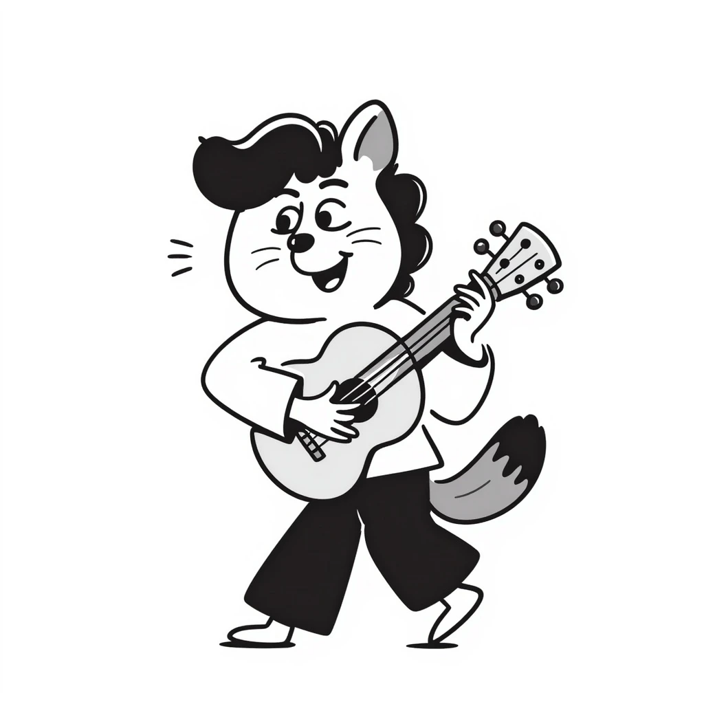 hand-drawn animal playing a ukulele, black doodle style emoji