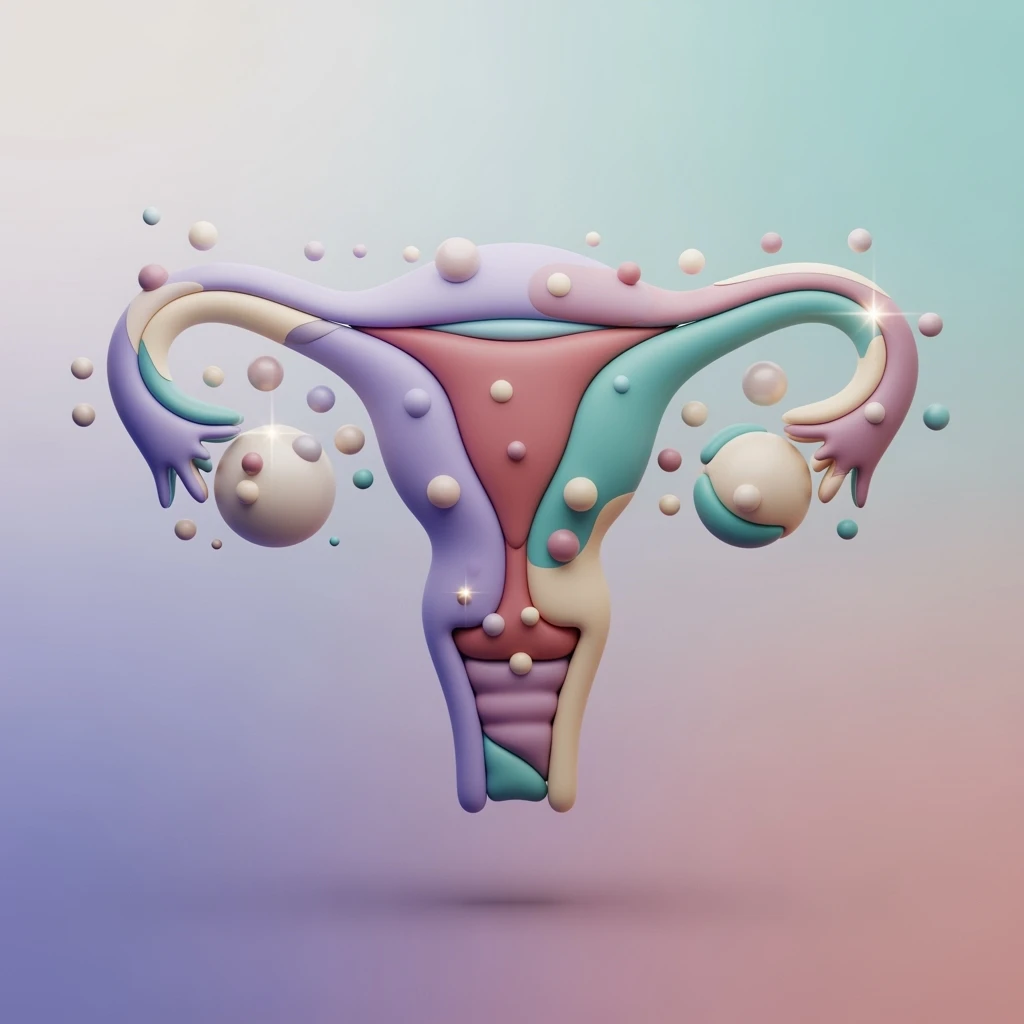 Symbolic PCOS icon in 3D Imagen 4 Ultra style: stylized uterus with elements representing polycystic ovaries, delicate colors, vertical 2:3 aspect ratio, no background, 3D effect emoji