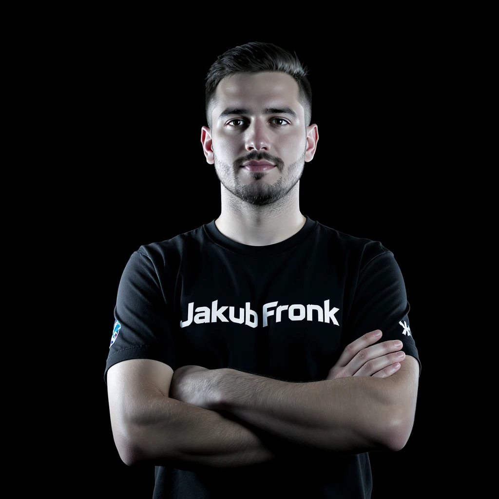 Csgo pro player profile proffesional photo, low key light back light, man standing crossed hands with tshirt with text "Jakub Fronk" black solid background emoji