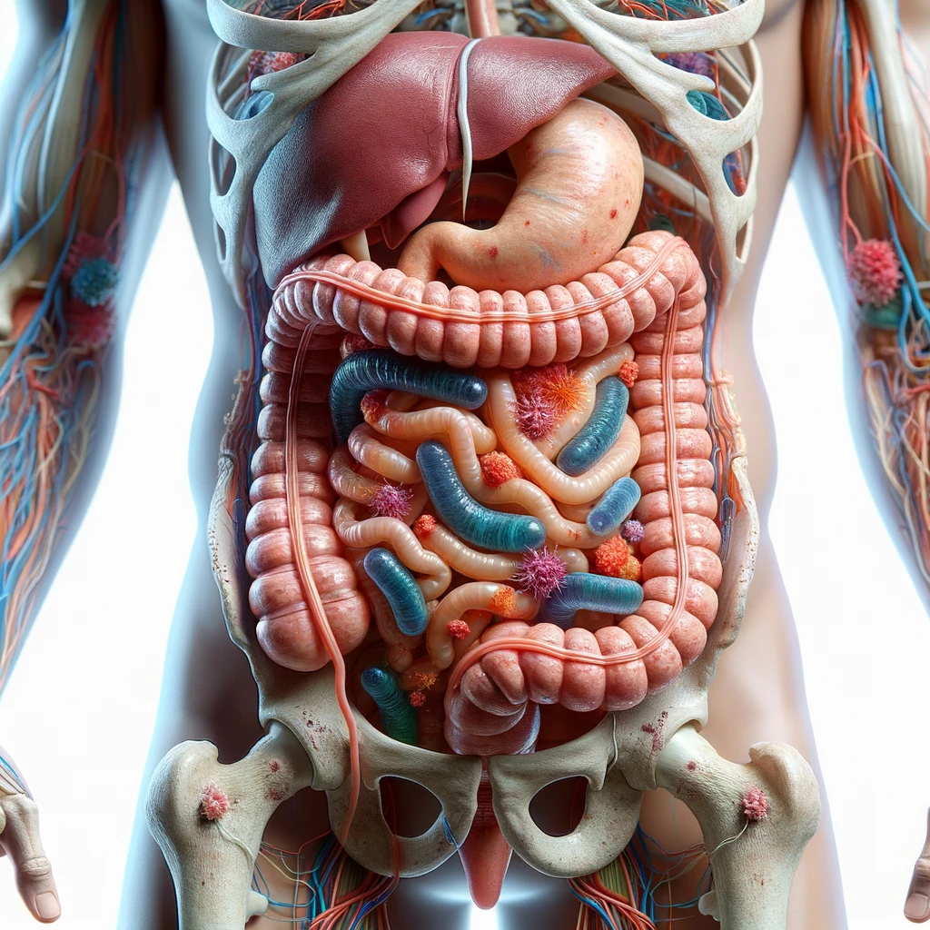 corpo umano anatomico con intestino in evidenza mentre mangia alimenti fermentati ricchi di microrganismi probiotici, iperrealistico 4k, isolato su sfondo bianco emoji