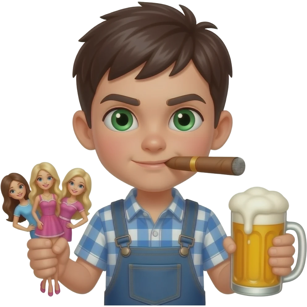 Little slim dark haïr boy with green eyes very arrogant face, with a cigar, three barbies in one hand and a beer in another emoji