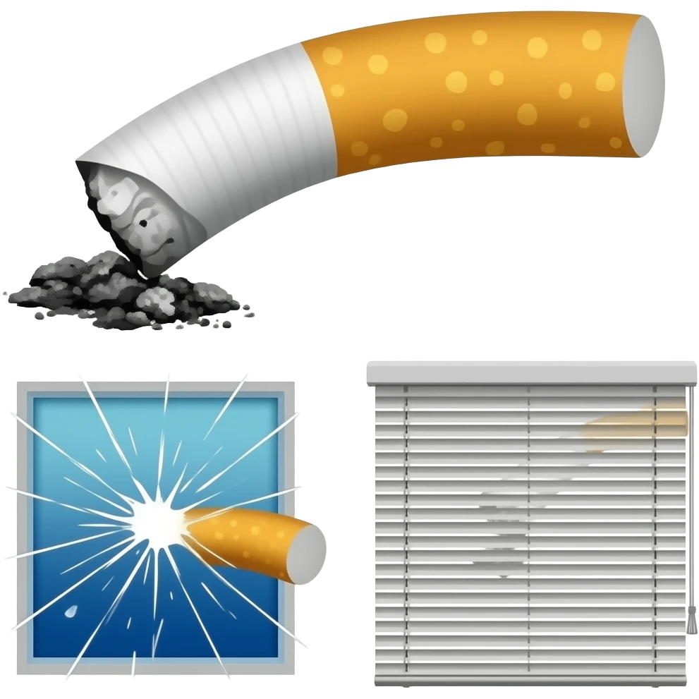 cigarette ashes, black mold, broken windows, broken blinds emoji