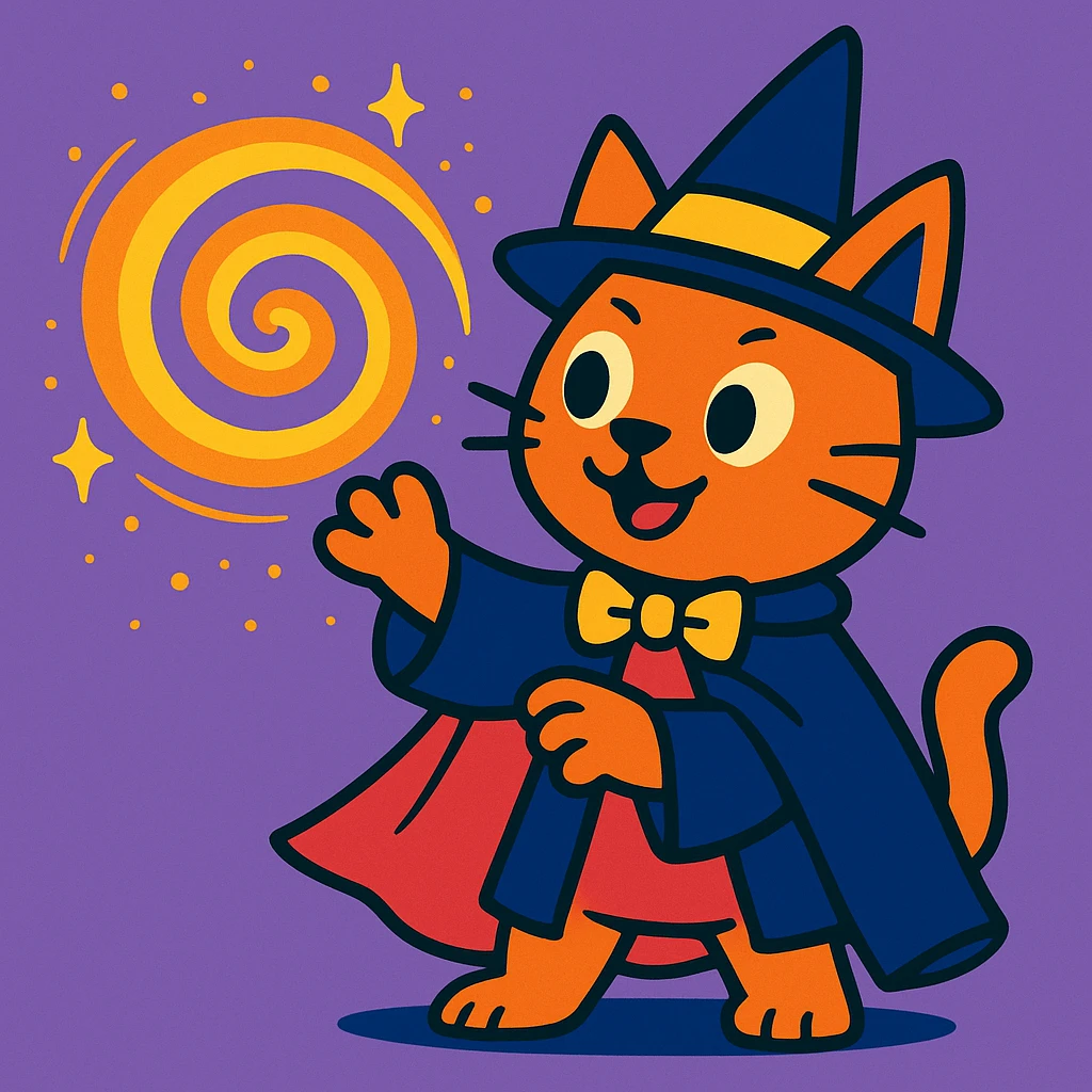 cat magician conjuring a spiral, vibrant cartoon style emoji
