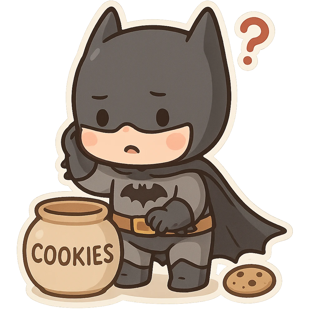 Chibi Batman searching for cookies, looking confused, with a question mark above his head emoji