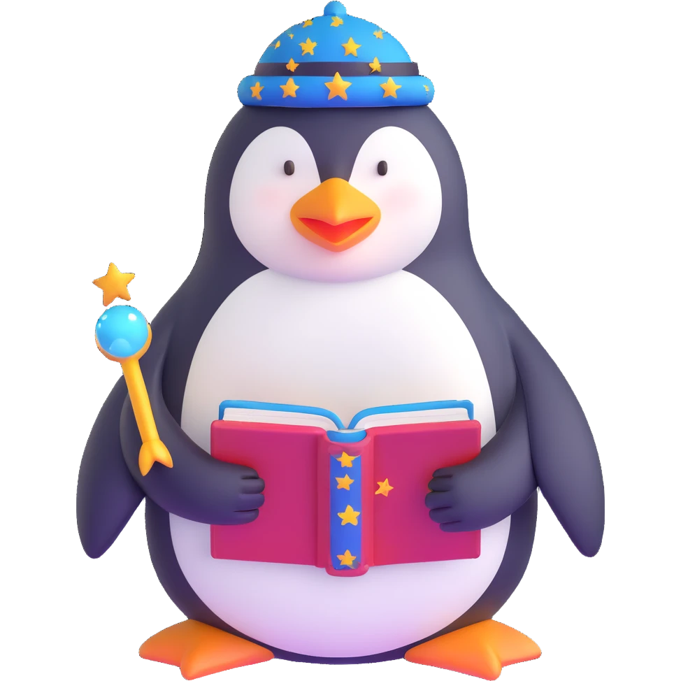 penguin wizard with a starry hat and open book emoji
