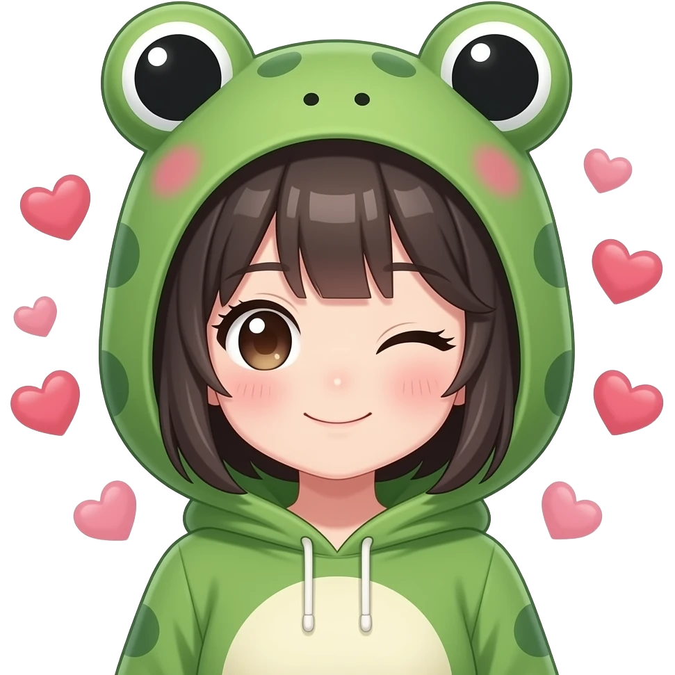Anime girl with a kawaii frog costume on, Winking, with hearts around the head emoji