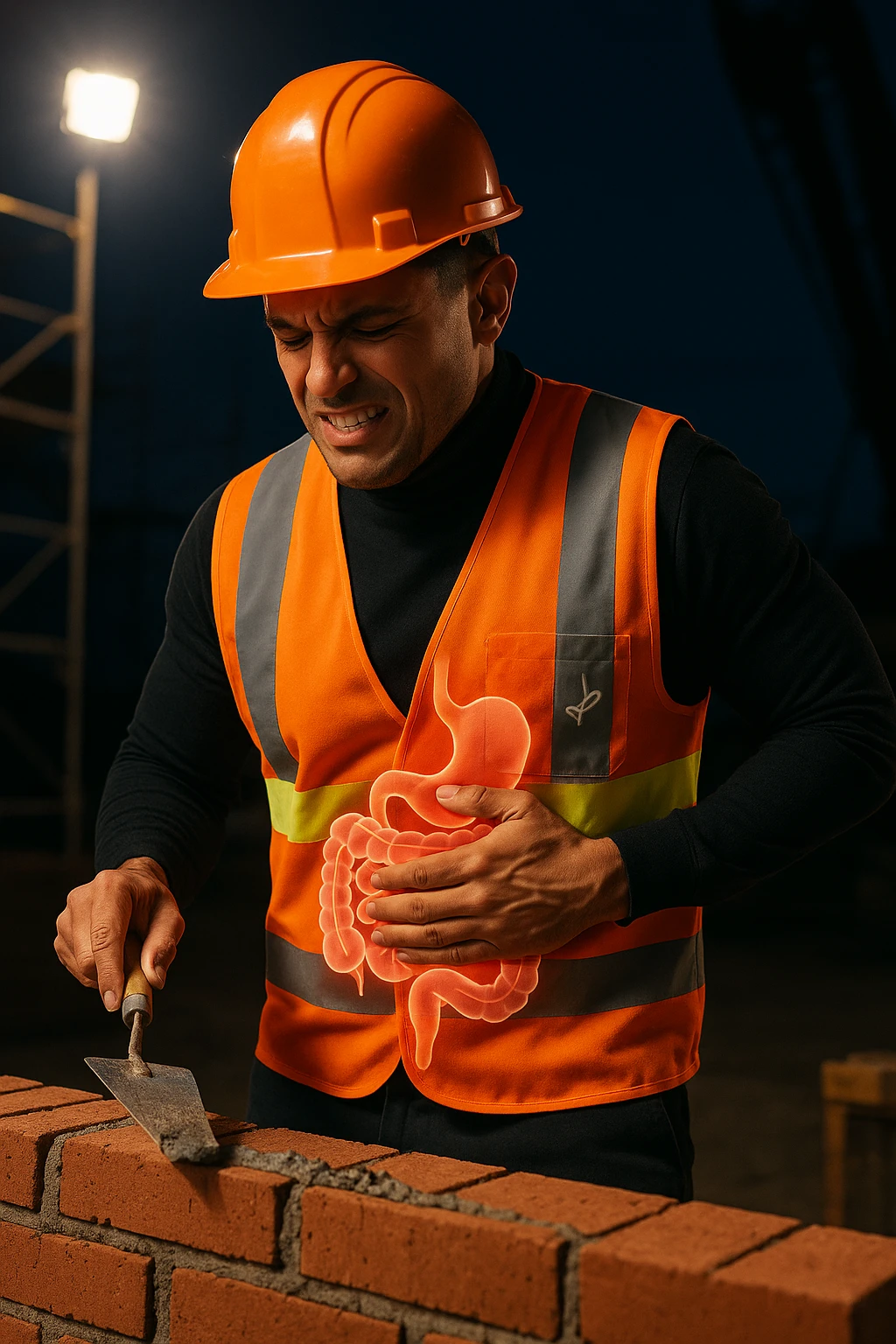 a construction worker in a reflective vest and hard hat is laying bricks at a nighttime construction site, illuminated by strong work lights. He pauses, one hand on his abdomen with a pained or uncomfortable expression, while the other holds a trowel. In the background, scaffolding and machinery are visible under the night sky. Subtle icons or overlays highlight digestive organs, suggesting the need for intestinal balance. emoji