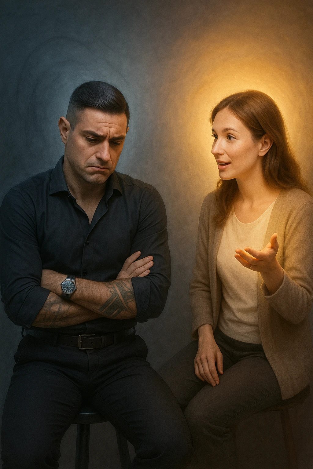 Uomo tra i 30 e i 40 anni seduto su una sedia, sguardo dubbioso, con le mani incrociate in grembo. Di fronte a lui, una donna calma e gentile gli parla e gli offre una soluzione con gesto aperto. Intorno a lei, un’aura luminosa. Intorno a lui, la sua aura maschile si affievolisce, come se stesse perdendo forza interiore. L’uomo appare indeciso, la postura è passiva. Ambientazione neutra, toni simbolici, atmosfera silenziosa. Luci fredde e calde in contrasto. Stile realistico con accenti metaforici emoji